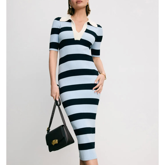 A.L.C. Blue Black Stripe Polo Midi Dress XL Preppy Ribbed Knit Designer $500 - Picture 1 of 12